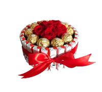 Tartas Kinder: Cesta de chocolate perfecta para regalar en Navidad, San Valentín y cumpleaños con Kinder Bueno, Schoko Bons, Ferrero y flores preservadas (Tarta Kinder circular medium con rosas)