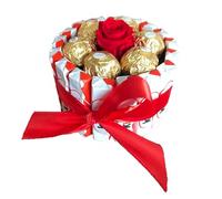 Tartas Kinder: Cesta de chocolate perfecta para regalar en Navidad, San Valentín y cumpleaños con Kinder Bueno, Schoko Bons, Ferrero y flores preservadas (Circular mini con rosas)