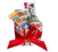 Tartas Kinder: Cesta de chocolate perfecta para regalar en Navidad, San Valentín y cumpleaños con Kinder Bueno, Schoko Bons, Ferrero y flores preservadas (Circular mini variada)