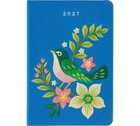 Taschenkalender A6 2027: Vogel und Blüten, bestickt, blau: Hochwertig bestickter Buchkalender, Wochenplaner, Terminplaner & Organizer. Mit Ferienterminen und Monatsübersichten