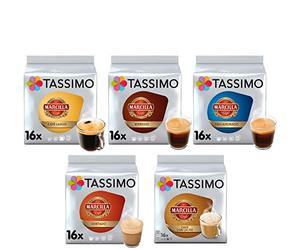 Tassimo Marcilla Café Selección - Cápsulas de Café con Leche/Cortado/Espresso/Largo/Espresso Descafeinado - 5 Paquetes (80 Porciones)