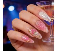 Tastetreasure 30 piezas almendras prensadas en uñas con flores 3D y mariposas doradas, uñas postizas de estilo dulce, juego con pegamento de gelatina, lima de uñas y palitos de madera para mujer DIY
