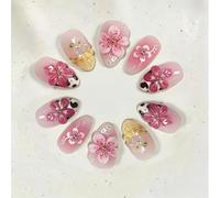 Tastetreasure 30 uñas cortas almendras prensadas en uñas, 3D flores artificiales con patrón de Leo francés, color rosa degradado de colorete, uñas para pegar para mujeres con lima de pegamento