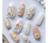 Tastetreasure 30 unidades de uñas postizas 3D con flores, uñas almendradas naranja con encantos de estrella de mar y concha, kit de uñas con pegamento para mujeres, arte de uñas de verano