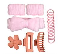 Tastetreasure Juego de 16 diademas y muñequeras de spa, accesorios de lavado facial rosa para el cuidado de la piel con 3 clips de garra de flores mate y 10 lazos para el cabello, diadema suave y