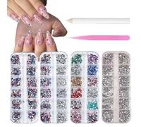 Tastetreasure Juego de 3000 piezas de diamantes de imitación y dijes para arte de uñas, 4 cajas de 48 rejillas, juego de gemas coloridas multiforma con pinzas y bolígrafo de cera, cristales AB