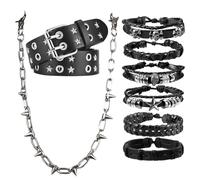 Tastetreasure Juego de 8 accesorios Y2K, cinturón de cuero con tachuelas de estrella punk, cadena de pantalones de picos resistentes, kit de pulseras multicapa de calavera gótica para hombres y