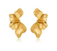 Tastetreasure Pendientes gruesos de oro para mujer, aretes colgantes de pétalos de hoja de flor grande, chapados en oro brillante, texturizados, aretes de gota florales de gran tamaño, joyería para