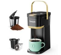 Tastyle - Cafetera de una sola taza para tazas K y molidos, mini cafetera con mango portátil, tamaño de cerveza de 6 a 12 onzas, para viajes, camping, oficina, RV y recámara, 120 V, negro y dorado