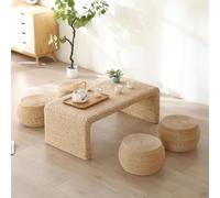 Tatami - Mesa de centro de ratán antiguo zen para sentarse en el suelo, incluye 1 mesa y 4 taburetes, ideal para actividades de chabudai y puja