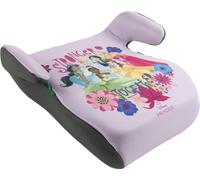 Asiento con respaldo de coche Disney Princesses i-Size ECE R129/03. Elevador de seguridad para niños con una altura de 126 a 150 cm. Asiento para niños sobre fondo rosa con estampado de princesas.
