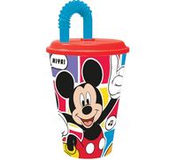Tataway Disney Mickey Mouse Mickey Mouse Mickey Mouse Vaso de plástico rojo y azul de 430 ml con pajita y tapa flexible