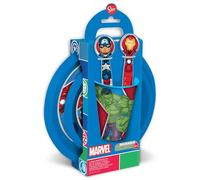 TataWay Set de comida Marvel Avengers – plástico rojo y azul, platos, vasos y cubiertos