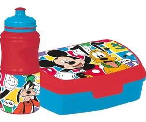 Tataway Set Disney de botella de 380 ml y sandwichería rojo para niños en plástico de Mickey Mouse con banda antideslizante y cierre de seguridad