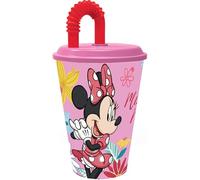 Tataway Vaso Disney Minnie de plástico rosa y rojo de 430 ml para niñas con pajita y tapa flexible