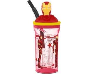 Tataway Vaso infantil de plástico rojo Marvel Avengers Iron Man 360 ml con pajita y figura 3D del personaje