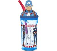 Tataway Vaso infantil Marvel Avengers Capitán América de 360 ml de plástico azul con pajita y figura 3D del personaje