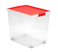 Tatay Caja de Almacenamiento con Tapa, Capacidad de 60 l, con Asas y Ruedas, Tapa de Polipropileno Reciclado, Transparente, Libre de BPA, Rojo. Medidas 37 x 51 x 45 cm