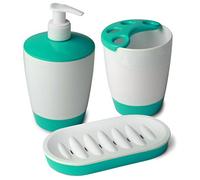 TATAY Kristal - Set 3 Piezas, jabonera + portacepillos de Dientes + dosificador de jabón, Color Blanco y Turquesa