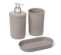 Tatay Set de 3pcs Sobremesa de Baño (Vaso + Dosificador + Jabonera) Baobab, de Plástico, Libre de BPA, Taupe