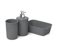 Tatay Set de 3pcs Sobremesa de Baño (Vaso + Dosificador + Organizador A6) Baobab, de Plástico, Libre de BPA, Gris Antracita