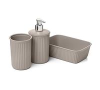 Tatay Set de 3pcs Sobremesa de Baño (Vaso + Dosificador + Organizador A6) Baobab, de Plástico, Libre de BPA, Taupe