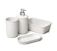 Tatay Set de 4pcs Sobremesa de Baño (Vaso + Dosificador + Jabonera + Organizador A6) Baobab, de Plástico, Libre de BPA, Blanco Pergamon