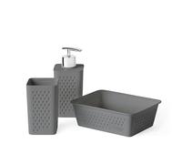 TATAY Set de 3pcs Sobremesa de baño (Vaso + Dosificador + Organizador A6) Bohol, de Polipropileno, Libre de BPA, Plástico 100% Reciclado, Gris Antracita