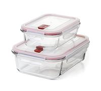 Tatay Tupper Cristal Cook & Eat | Set de 2: 1,5L + 0,64L | Vidrio Borosilicato | Tapa Hermética Clip, Válvula de Vapor | Apto Microondas, Horno, Nevera y Congelador | Libre de BPA, Rojo