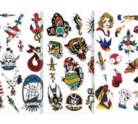 Tatsy Juego de 3 hojas de tatuajes temporales Marinero, Vintage, Oldschool - Tatuajes divertidos para fiestas, arte corporal de tatuajes falsos para hombres y mujeres, total 47 tatuajes únicos