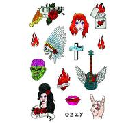 Tatsy Rock N Rolla Set, Tatuajes Temporales de Calidad, Para Hombre y Mujer, Rock and Roll, Tatuaje falso, Disfraz, Atuendo Estrella de Rock, Guitarra, Sabbath, Ozzy, Rehab, Fuego