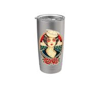 Tatuado Pin-Up Sailor Pretty Girl Tradicional Tatuaje Flash Vaso térmico de acero inoxidable de doble pared
