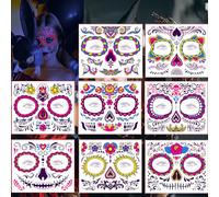 Tatuaje de cara de Halloween 8pcs Tatuajes Temporales de Halloween, Tatuajes Sugar Skull Stickers Day of The Dead Makeup, Tatuaje Cara Temporales para Halloween Maquillaje Disfraz Fiesta