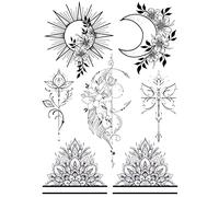 Tatuaje de luna con tatuaje de león, tatuaje de flores de loto, tatuajes falsos P101