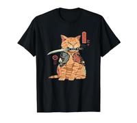 Tatuaje japonés Samurai Ninja Cat Kawaii gráfico Camiseta gráfica económica, Hombre, Negro, XL