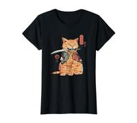 Tatuaje japonés Samurai Ninja Cat Kawaii gráfico Camiseta gráfica económica, Mujer, Negro, M
