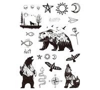 Tatuaje temporal de oso, brújula, sol, estrella, luna, tatuaje, aviador, serpiente, tatuaje, tatuaje en la parte superior del brazo, LC113