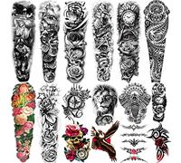 Tatuaje temporal extra grande 8 hojas Tatuajes falsos de brazo completo y 8 hojas Etiqueta engomada del tatuaje de medio brazo para hombres y mujeres (16 hojas)