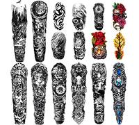 Tatuaje temporal extra grande 8 hojas Tatuajes falsos de brazo completo y 8 hojas Etiqueta engomada del tatuaje de medio brazo para hombres y mujeres (16 hojas)