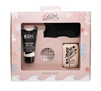 Tatuaje temporal Set M - Mariposa - para niños y adultos Contenido: tampón de tinta, tatuaje de color negro, pedrería adhesiva, 1 piedra para tatuaje tamaño M.