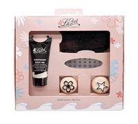 Tatuaje temporal Set S - Estrella y flor - para niños y adultos Contenido: Tampón entintador, tinta para tatuajes negra, pedrería adhesiva, 2 piedras para tatuajes tamaño S.