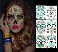 Tatuajes de cara de Halloween, 6 piezas Dia de los Muertos Azúcar Cráneo Floral Tatuaje temporal de rostro completo Brillan en la oscuridad, para adultos Maquillaje de fiesta de Halloween para niños