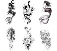 Tatuajes de maquillaje, tatuajes temporales, Hermosas pegatinas de tatuaje, 6 hojas, pegatinas de tatuaje temporales en blanco y negro, flor de sirena, calavera de serpiente, tatuaje falso, kit de cal