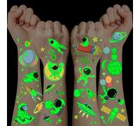 Tatuajes espaciales para niños, paquete de 120 tatuajes luminosos para niños, respetuosos con la piel, contenido de cumpleaños para niños, cono escolar, pequeños artículos para la fiesta temática