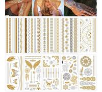 Tatuajes festivales dorados 10 hojas 125+ purpurina metalizada tatuajes temporales para pegar tatuajes adultos damas resistentes al agua accesorios de festival para mujeres jóvenes niñas carnaval