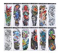Tatuajes temporales, 12 hojas, coloridos tatuajes falsos de brazo completo, impermeables, para hombres y mujeres (170 x 480 mm)