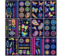 Tatuajes Temporales 12 Hojas Tatuajes Fluorescentes Brillan Bajo Neon Uv Luz NegraTatuajes Fiesta Luminoso Pegatinas Cara Brillantes Fluorescente UV Cuerpo Cara Tatuaje Pegatinas para Fiesta Festival
