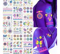 Tatuajes temporales 24 hojas luminosos adhesivos para adultos fiesta | Tatuajes adhesivos luminosos para fiestas, 24 hojas, para adultos