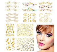 Tatuajes temporales cara, Tatuajes de cara temporales metálicos. Pegatinas de maquillaje a prueba de agua para mujeres en el festival y en el escenario (10 hojas)