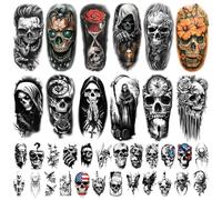 Tatuajes temporales de 77 hojas, esqueleto de calavera, para mujeres y hombres, 17 grandes para media manga con flores, búho, 60 pegatinas pequeñas negras espeluznantes para Halloween, cosplay, para